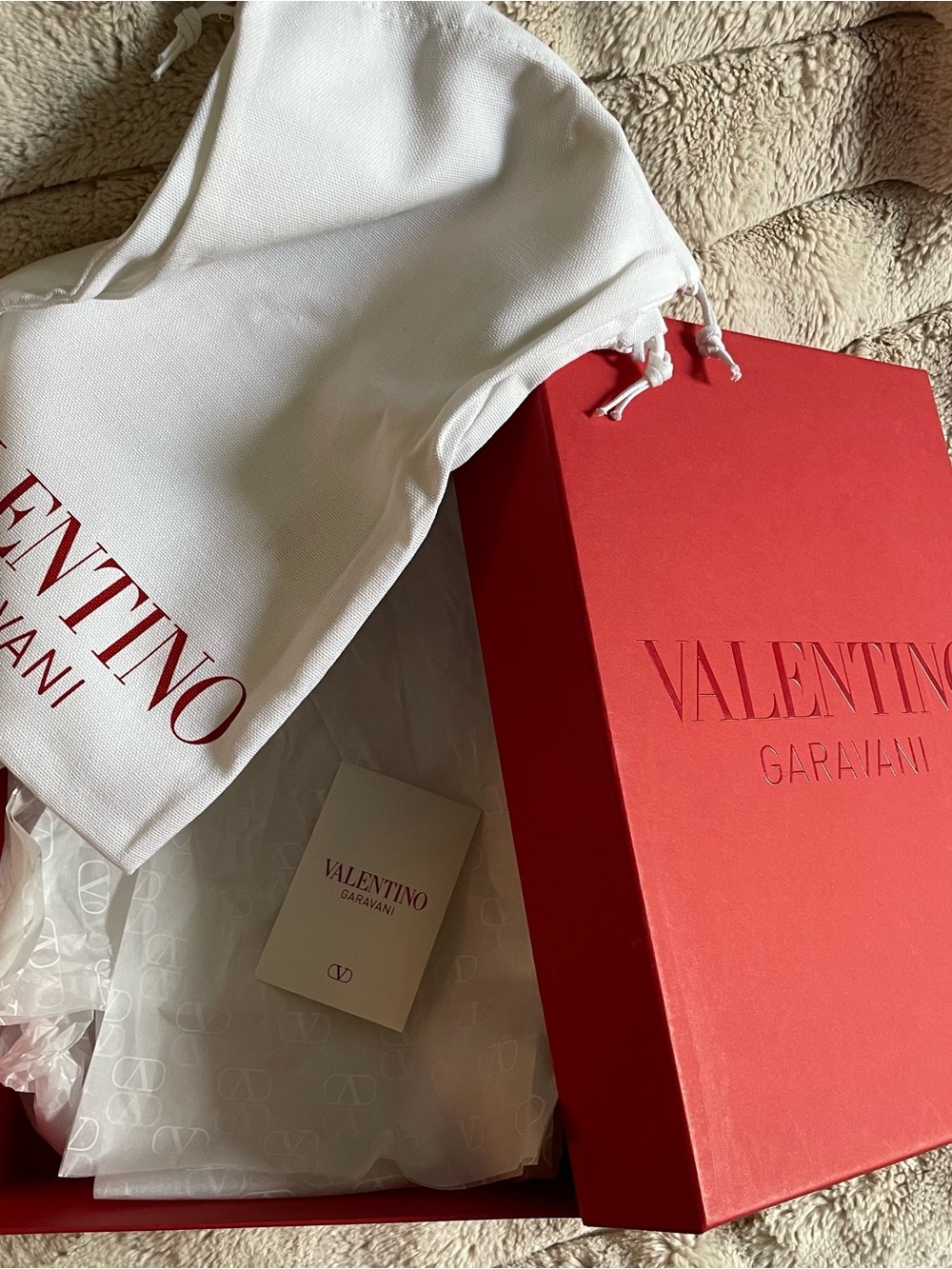 Valentino White Drawstring Dust Bags with Red Logo & Red Box